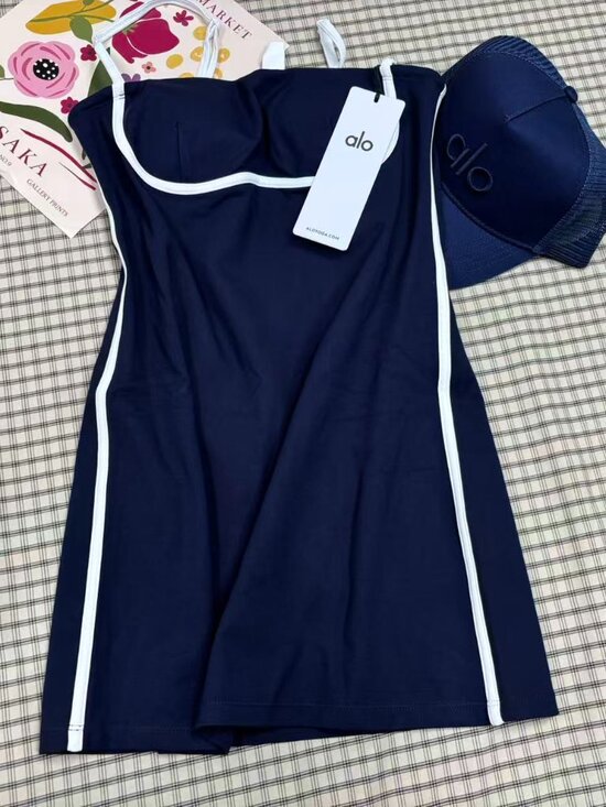 ALO Yoga Dresses & Skirts - 💖ALO Yoga Airbrush Printed Streamlined Dress in Navy Blue and Ivory White Colo
